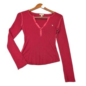 VTG Red Y2K Ambercrombie LG Cotton Knit Button Front Henley Ribbon Trim Bella